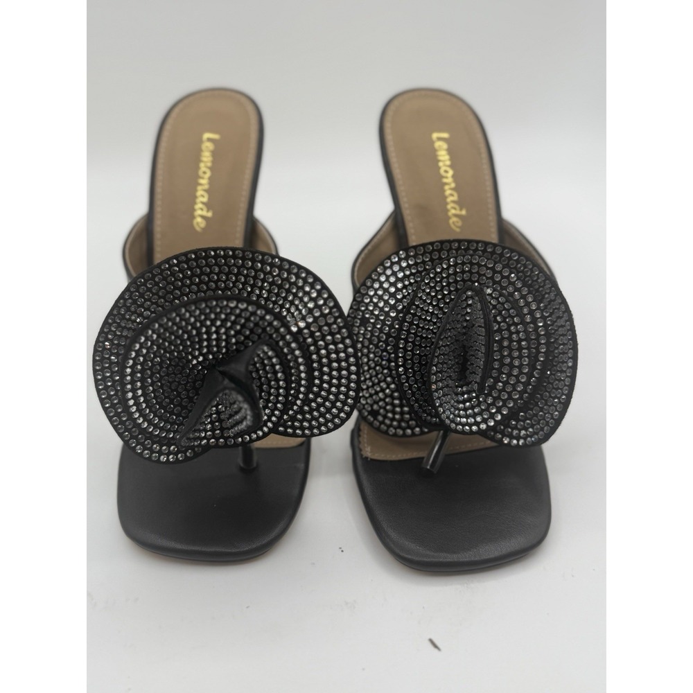 Lemonade Rhinestone Big Flower Heels Thong Sandals Party Shoes Black Size 7